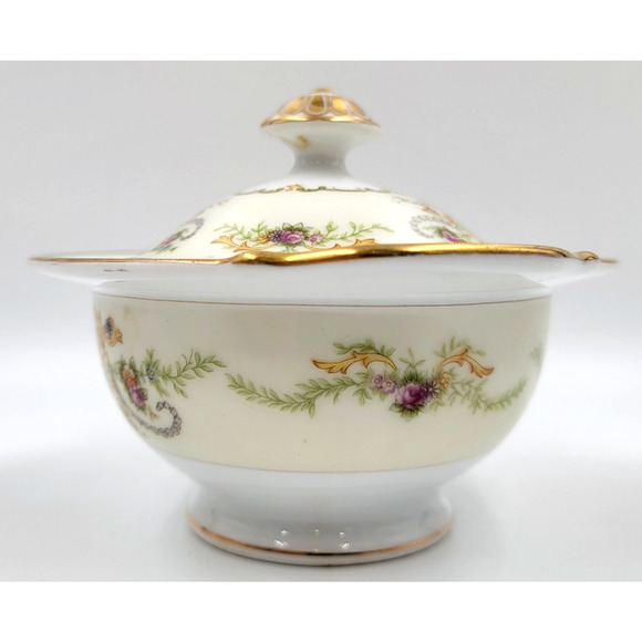 P. B. Charm Footed Sugar Bowl Japan Floral Scroll Gold Green Trim 1950 -1960s - Picture 5 of 9